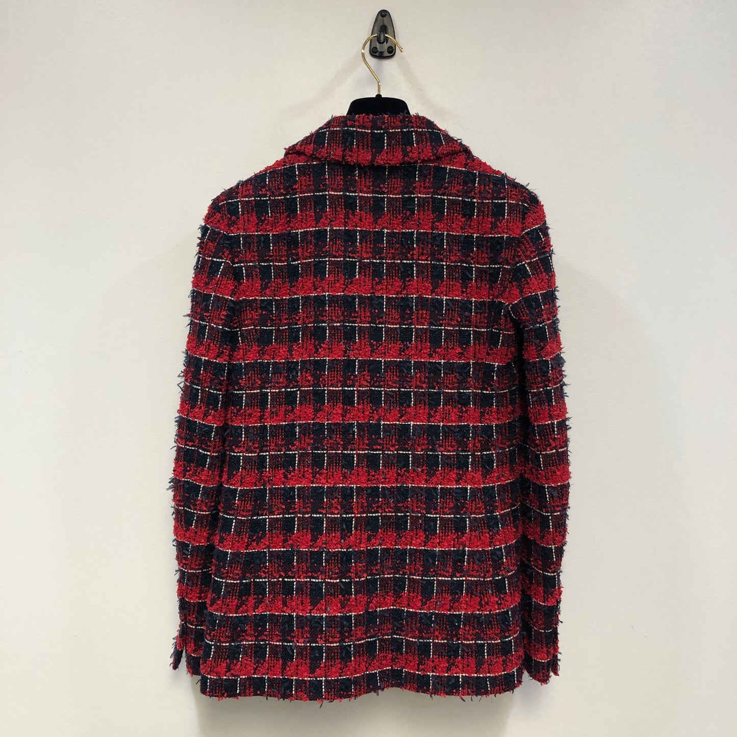 Chanel Red & Navy Blue Plaid Tweed Blazer Lapel Collar Size 36