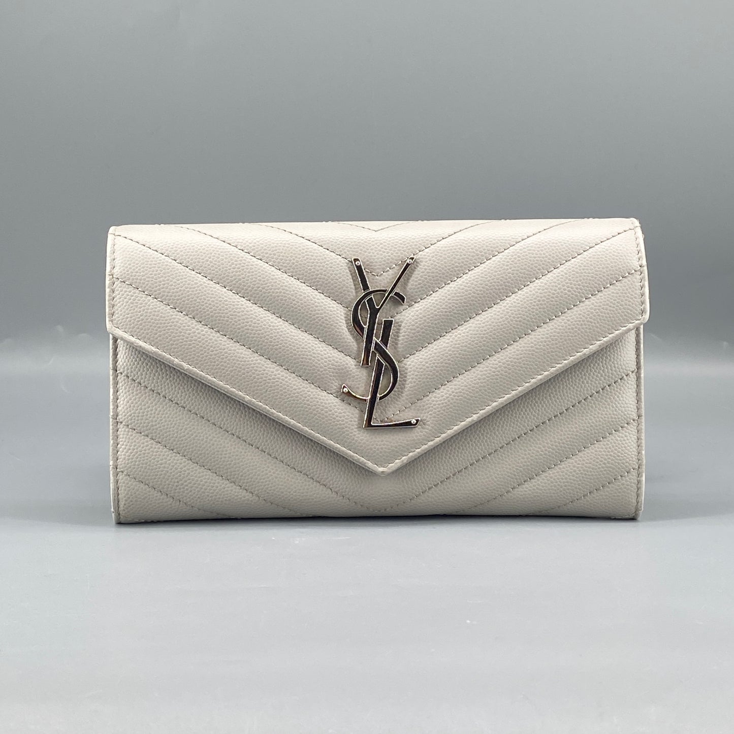 Saint Laurent Light Grey Chevron‑Quilted Long Wallet