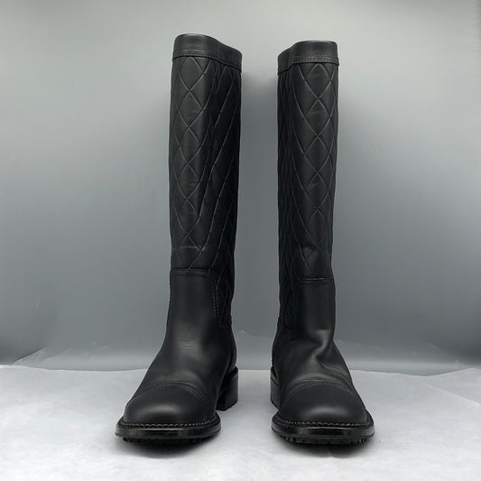 Chanel Black Quilted Leather Knee-High CC Logo Boots Size 36.5