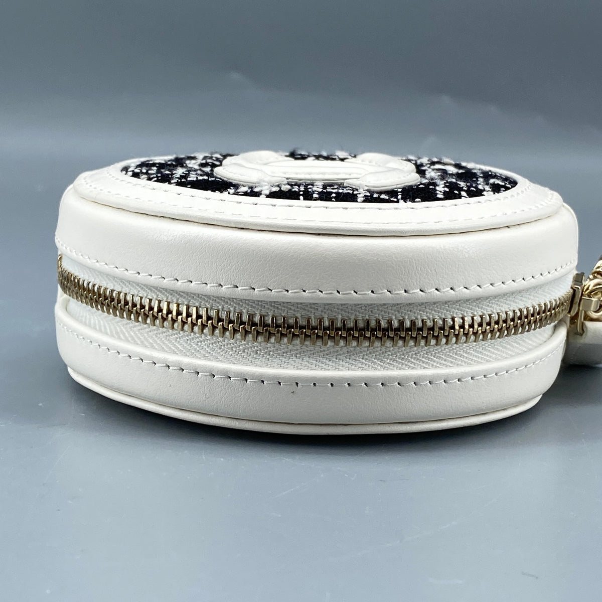 Chanel Tweed Quilted Round Filigree Pouch With Chain White Black