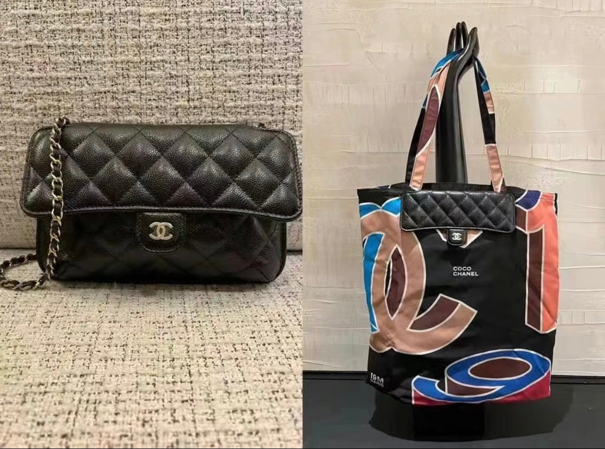 Chanel Foldable Tote Bag with Chain Quilted Caviar and Printed Nylon.