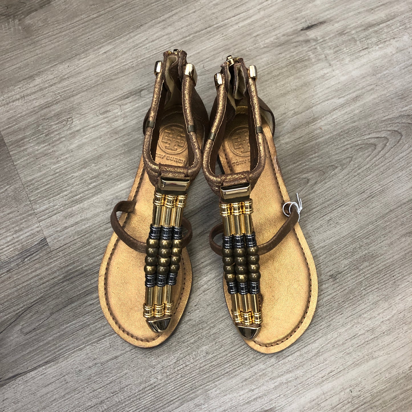 Tory Burch Women's  Embellished T-Strap Flat Sandals 5M Gold/Tan