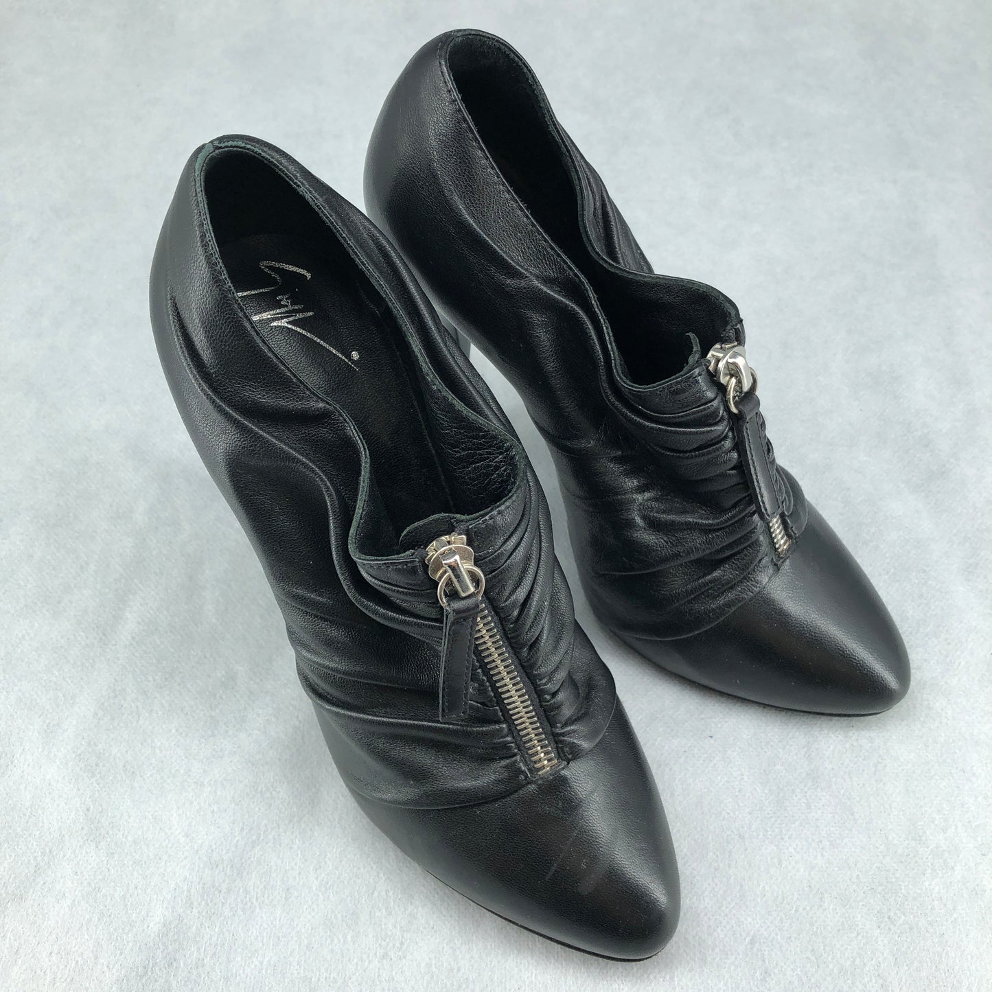 Giuseppe Zanotti Black Ruched Leather Front Zip Pointed Stiletto Pumps 36