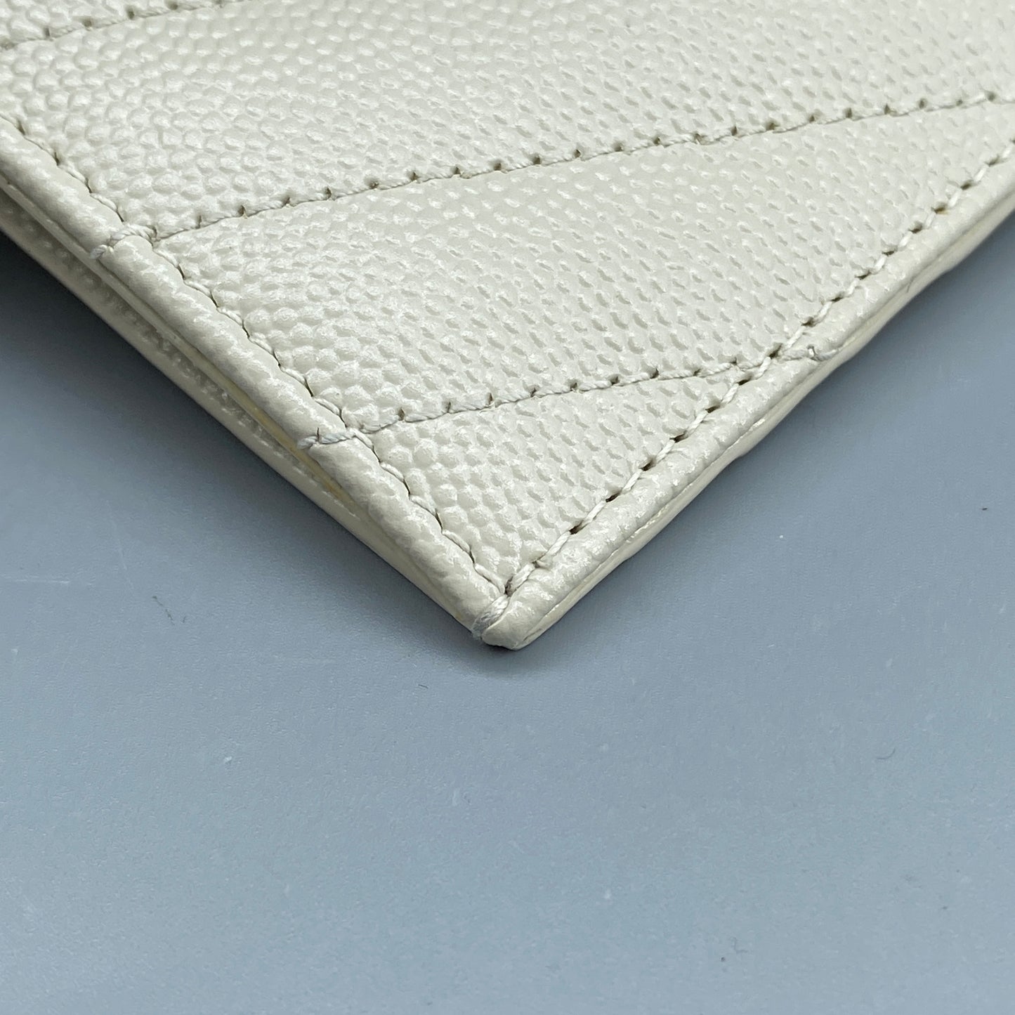 Saint Laurent Cream Grain Leather Quilted Zip Card Holder Wallet
