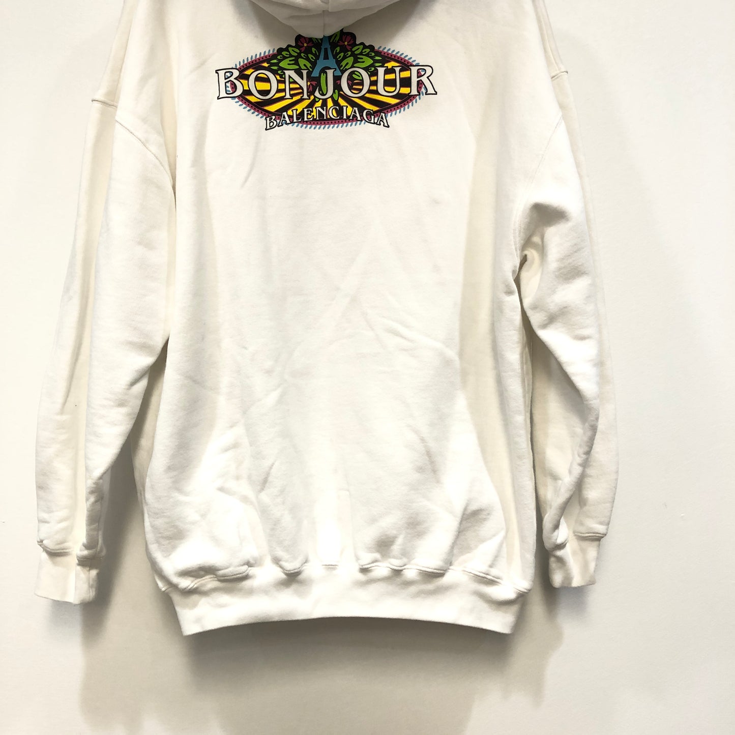 Balenciaga Eiffel Tower Bonjour Logo White Cotton Oversized Hoodie Size S