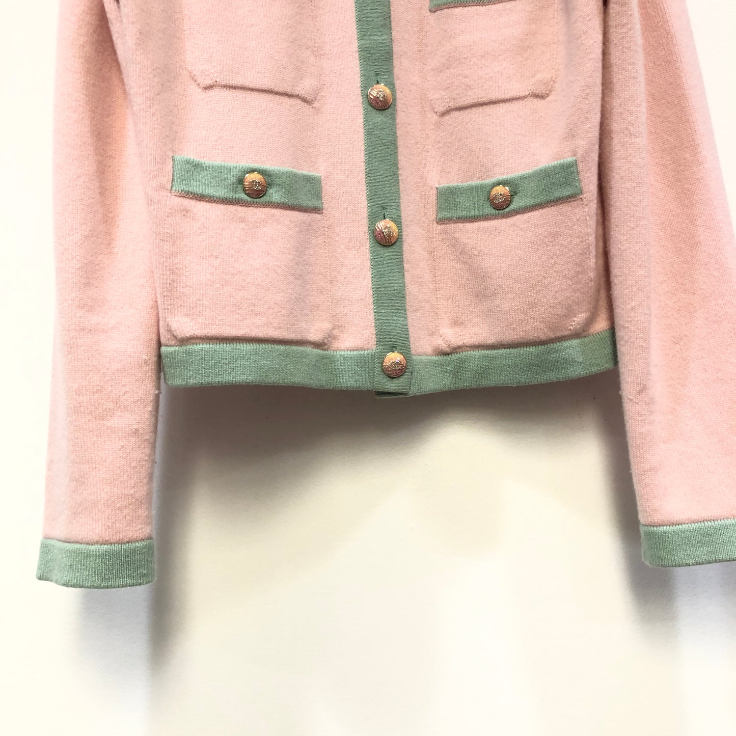 Chanel Pink Knit Cardigan with Green Trim Size 38