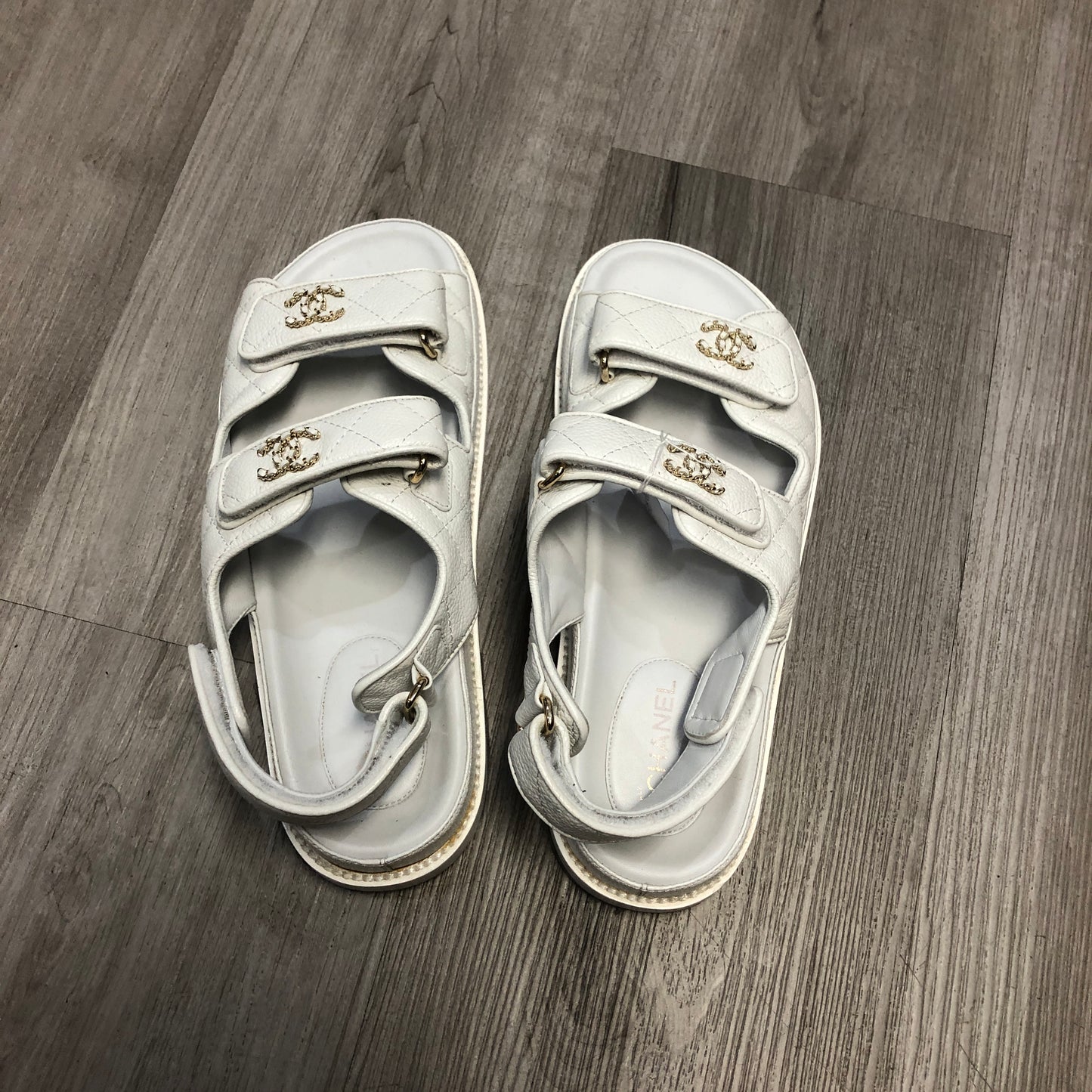 Chanel Women's Caviar Leather Interlocking CC Double Strap Slide Sandal Shoes 38 White