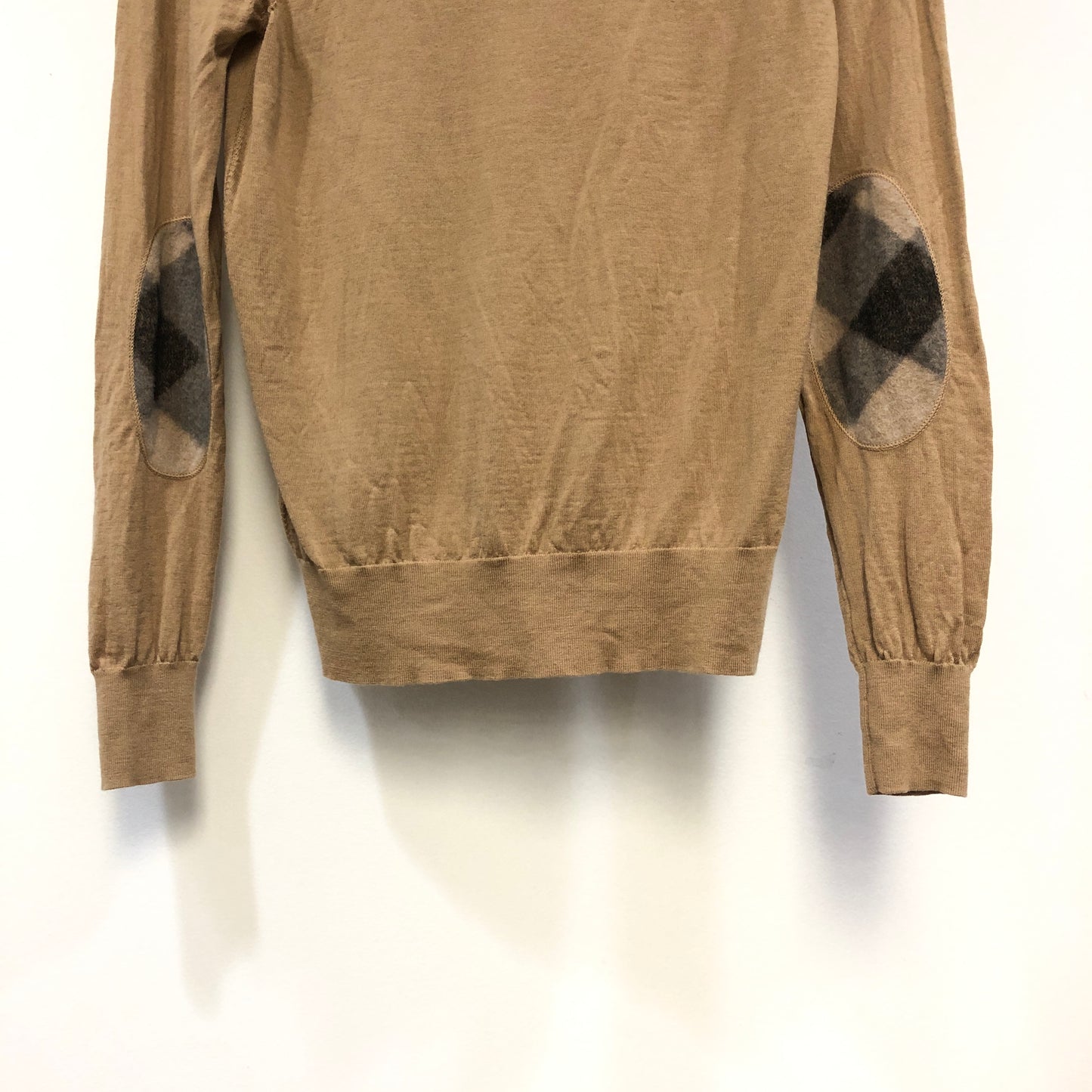 Burberry Camel Check Elbow Patch Crew Neck Wool Sweater M