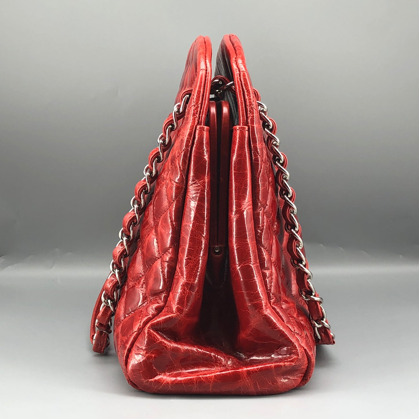 Chanel Just Mademoiselle Quilted Patent Leather Bowling Shoulder Bag Cherry Red