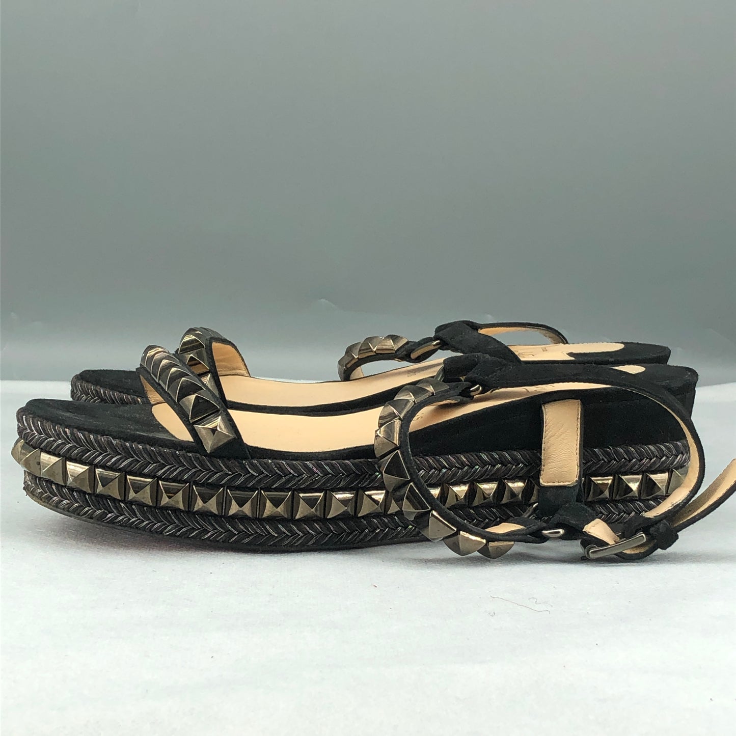 Christian Louboutin Women's Spiked Suede Platform Ankle Strap Sandals Size 38 Black