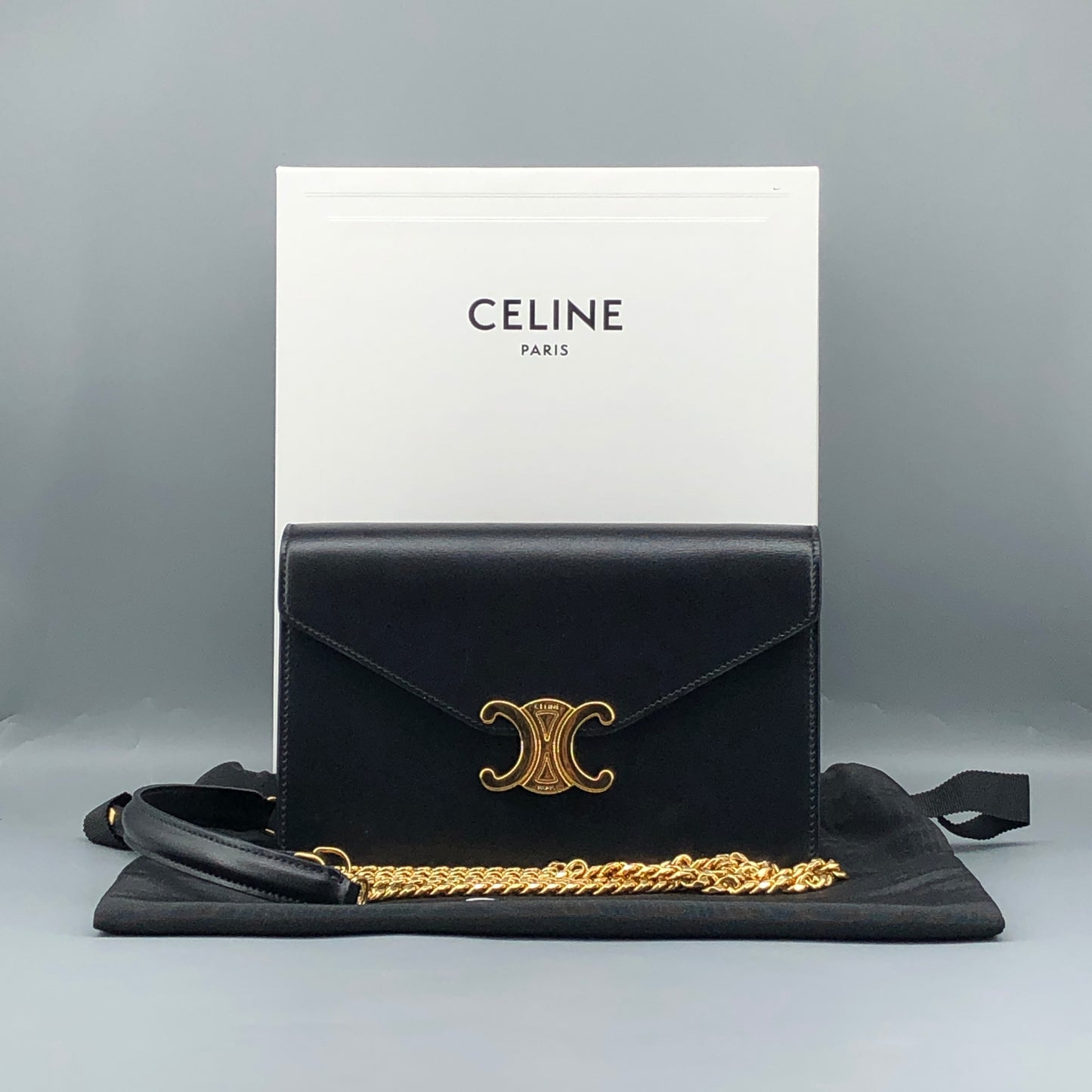 Celine Triomphe Leather WOC Wallet On Chain Crossbody Bag  Black