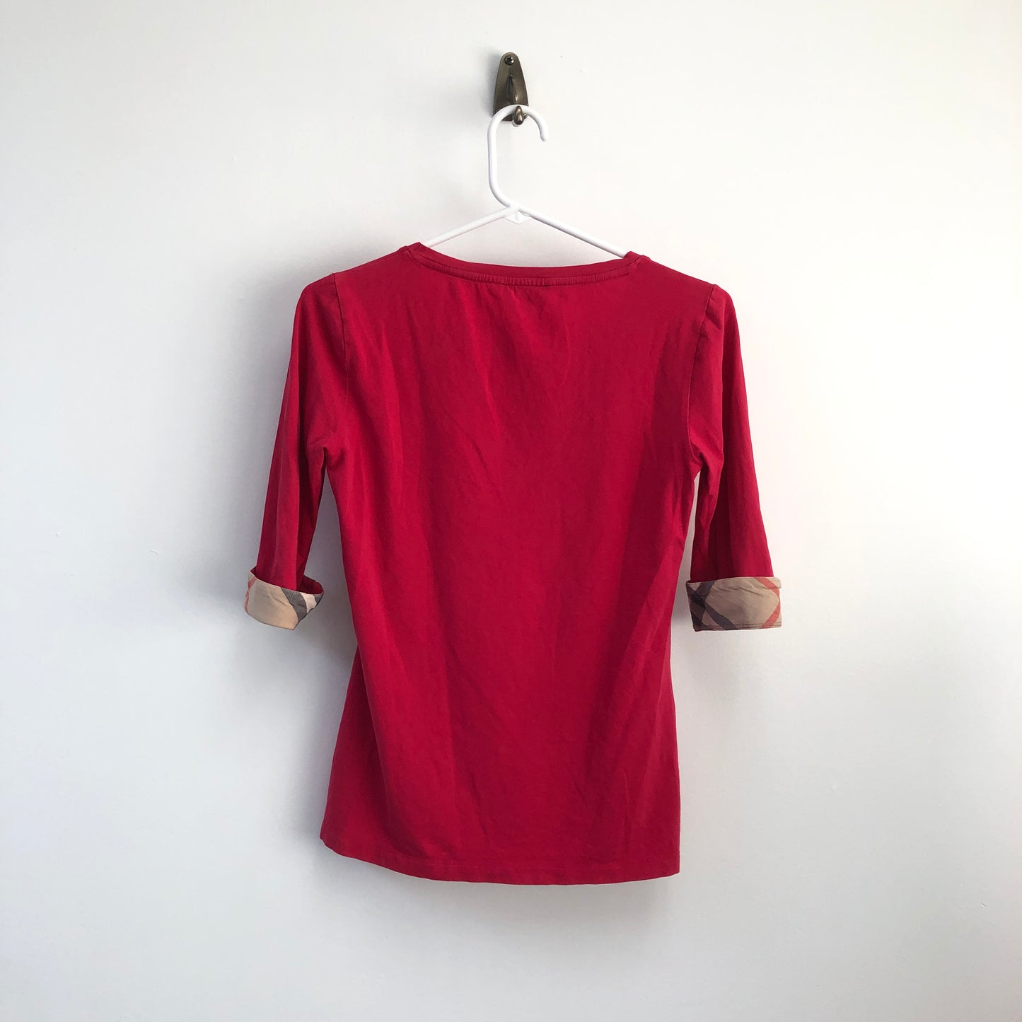 Burberry Classic Check Cuff Red Jersey Half Sleeve Top Size S