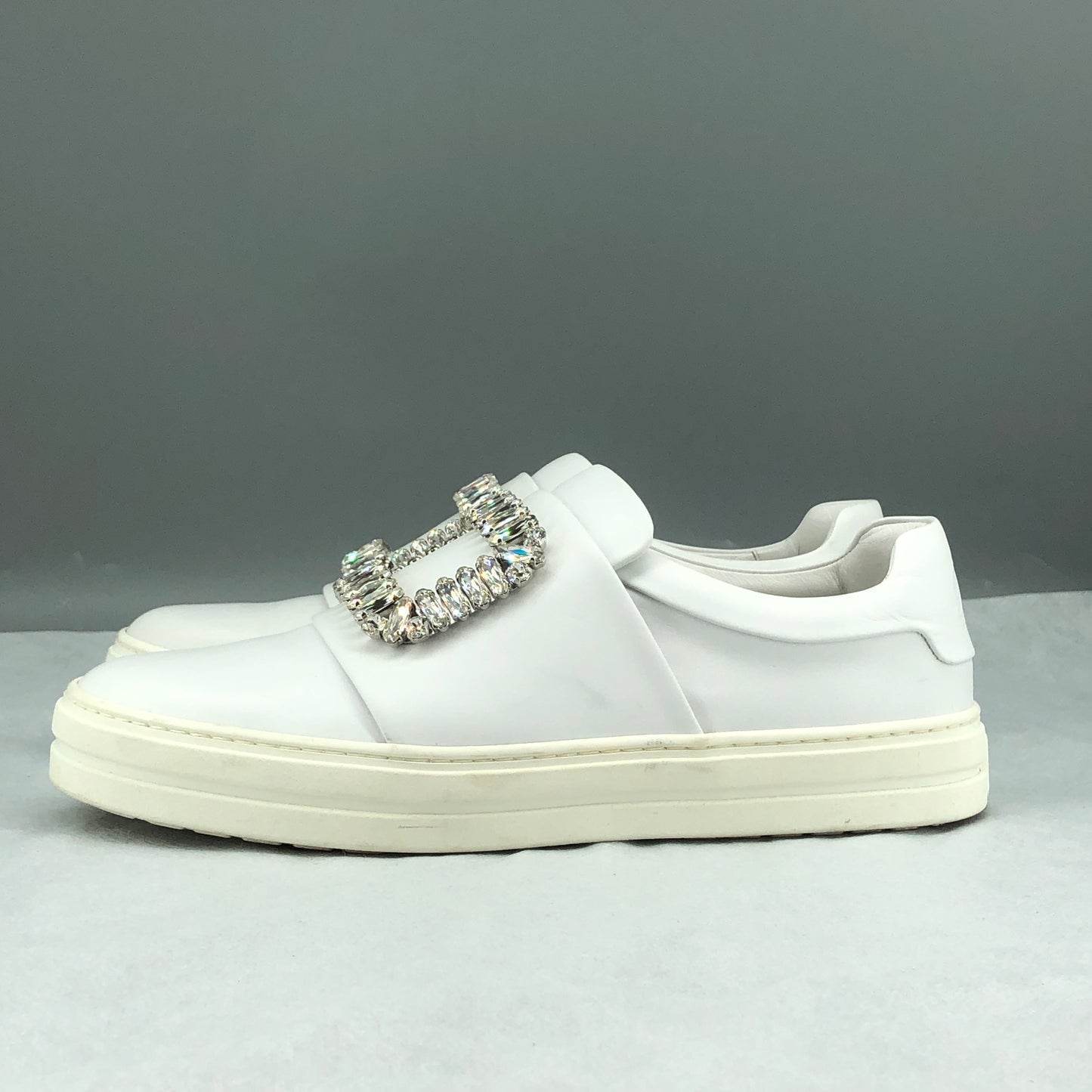 Roger Vivier White Calfskin Crystal Square Buckle Platform Slip-On Sneakers 37