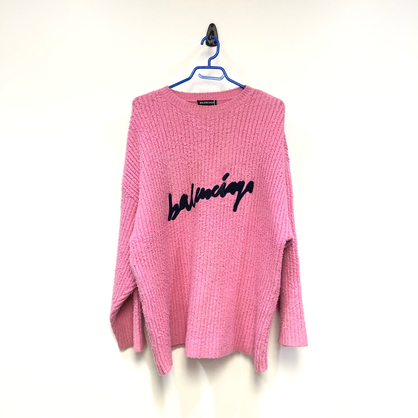Balenciaga Sage Pink Ribbed Knit Logo Embroidery Oversized Crew Neck Sweater Size S