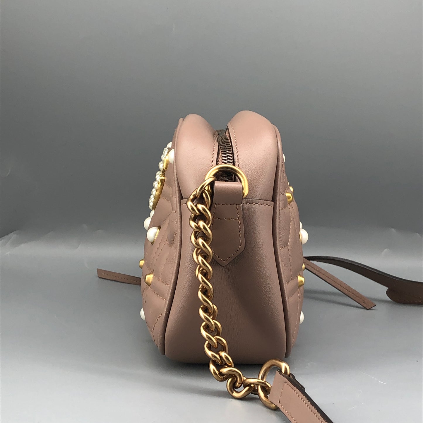 Gucci Dirty Pink Quilted Pearl GG Camera Crossbody Bag