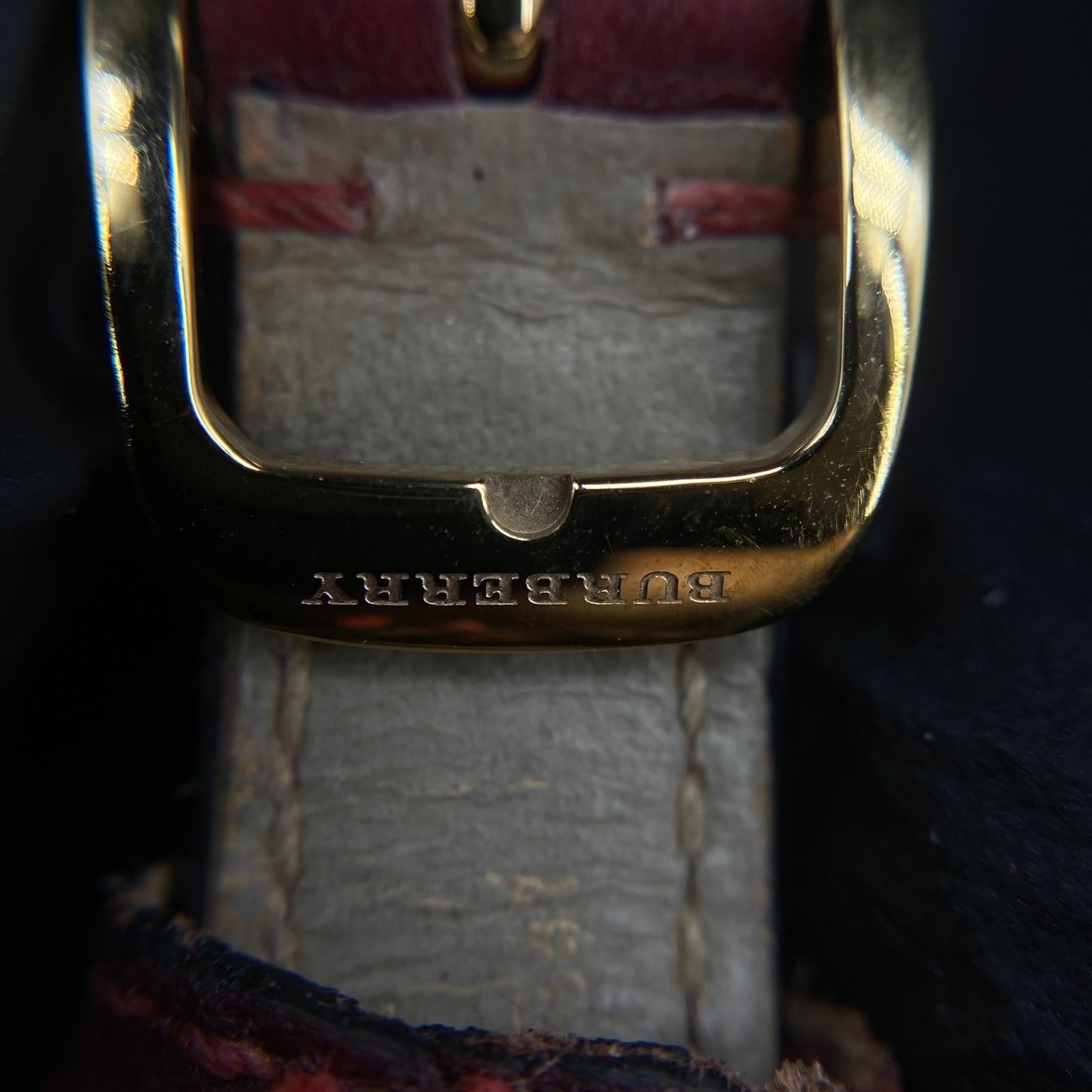 Burberry Gold Case Quartz Watch Dark Red Leather Strap
