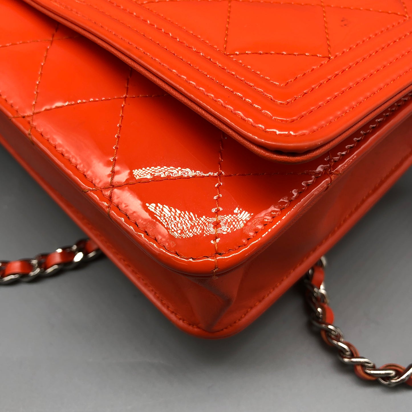 Chanel Boy Neon Orange Patent Leather Wallet on Chain Bag