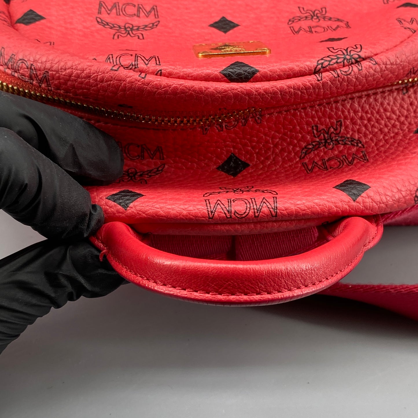 MCM Coral Red Visetos Mini Backpack