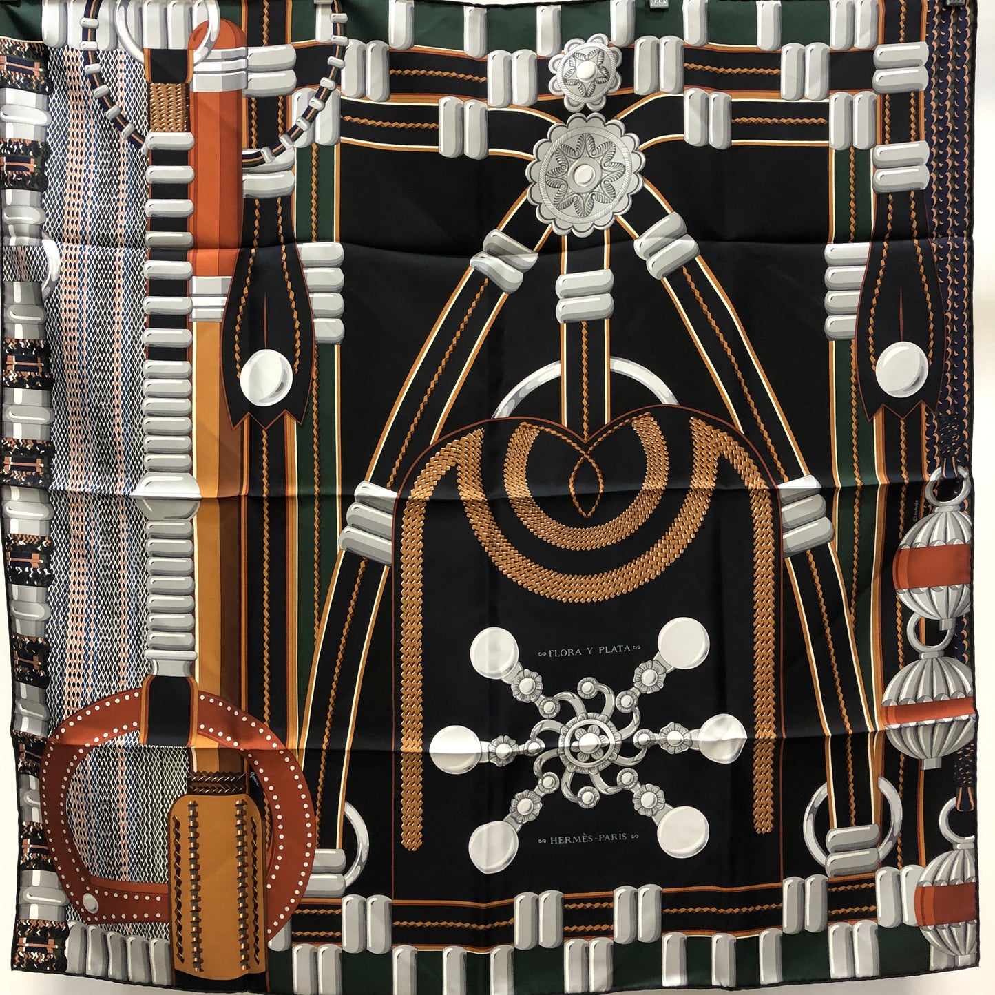 Hermes Silk Scarf Black/White/Tan/Forest Green Hardware Print