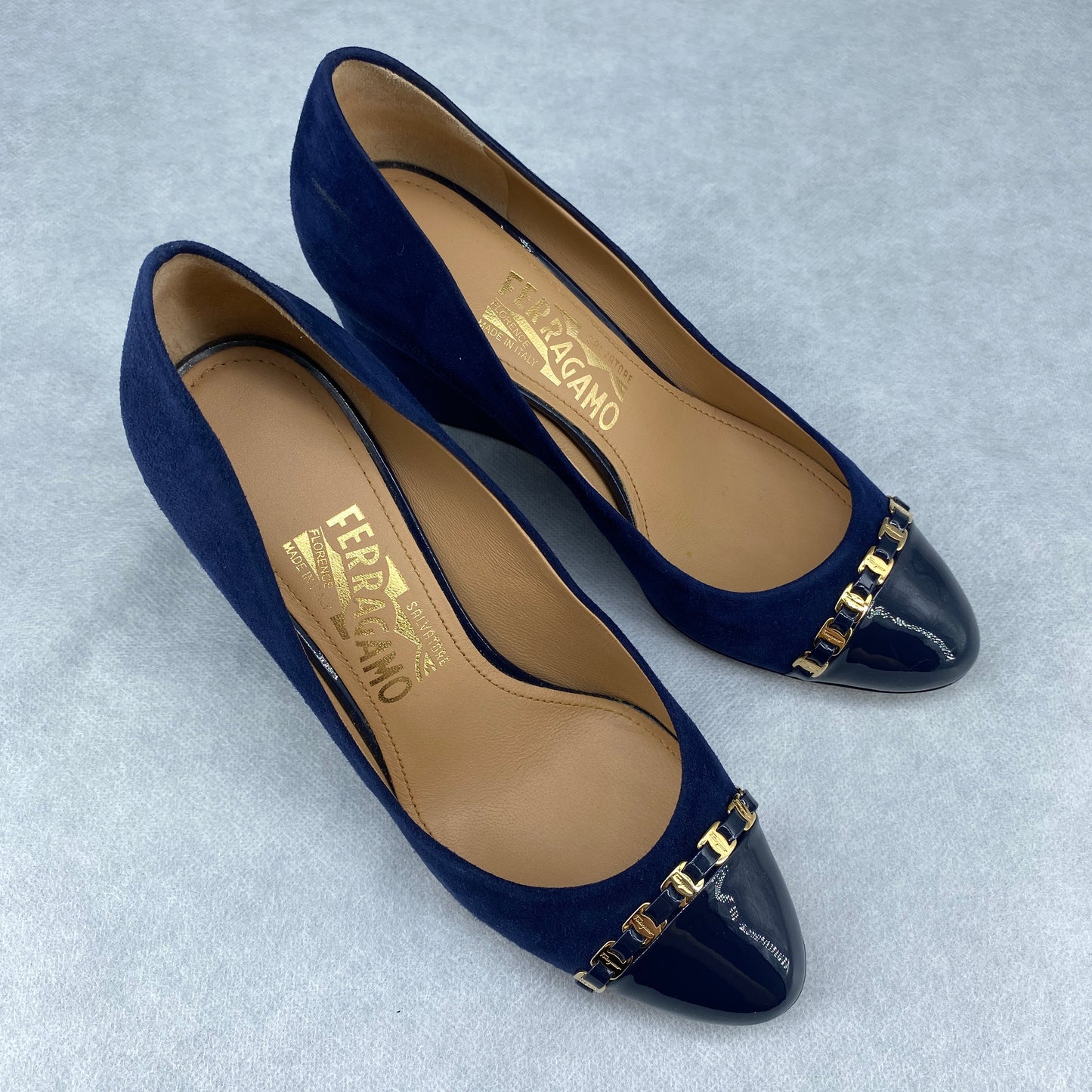 Ferragamo Women’s Deep Blue Suede Patent Toe Wedge Heels Shoes