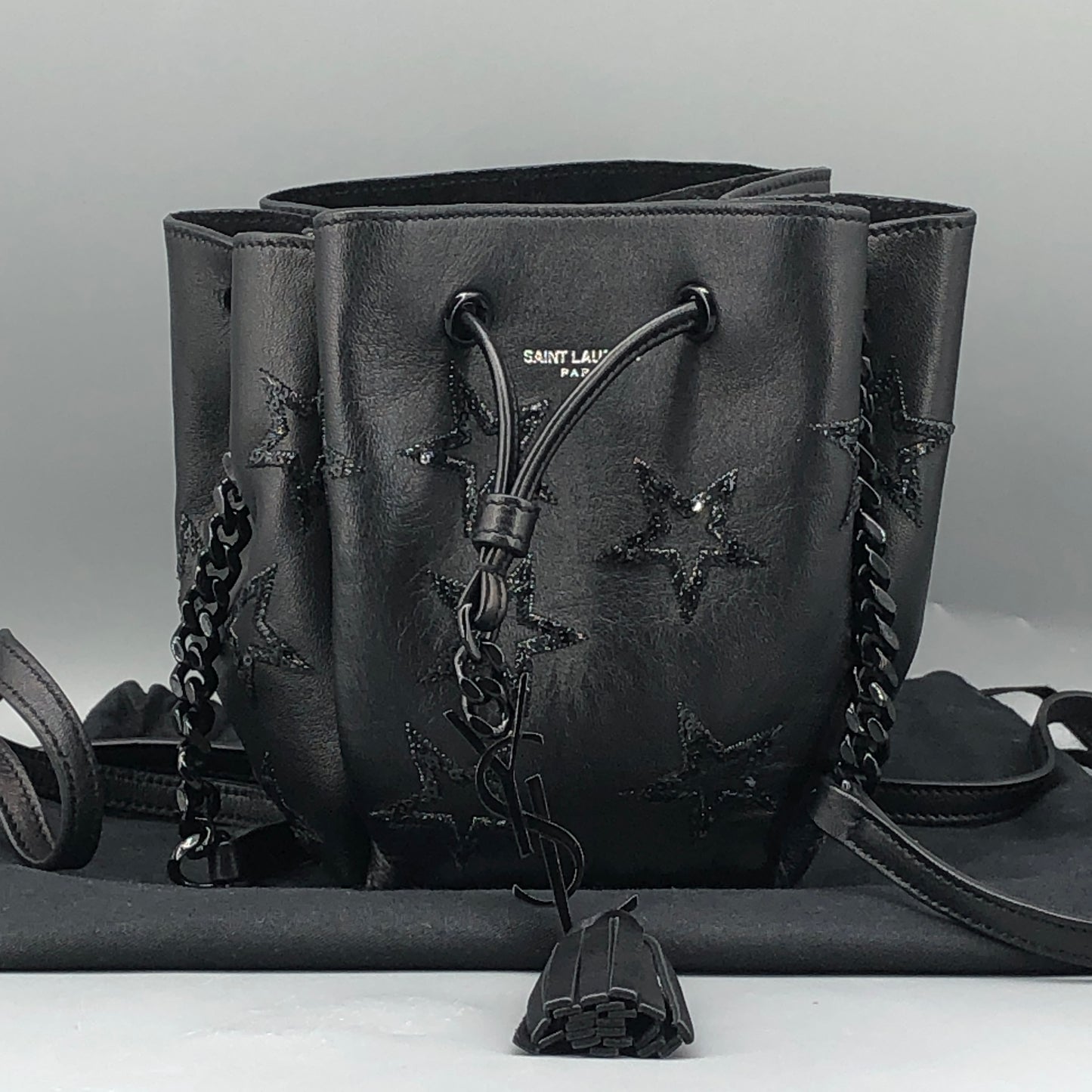 Saint Laurent Star Embossed Leather Mini Drawstring Bucket Bag Black