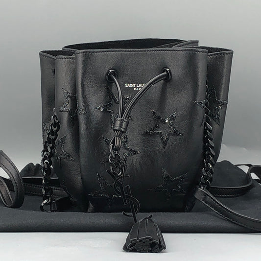 Saint Laurent Star Embossed Leather Mini Drawstring Bucket Bag Black