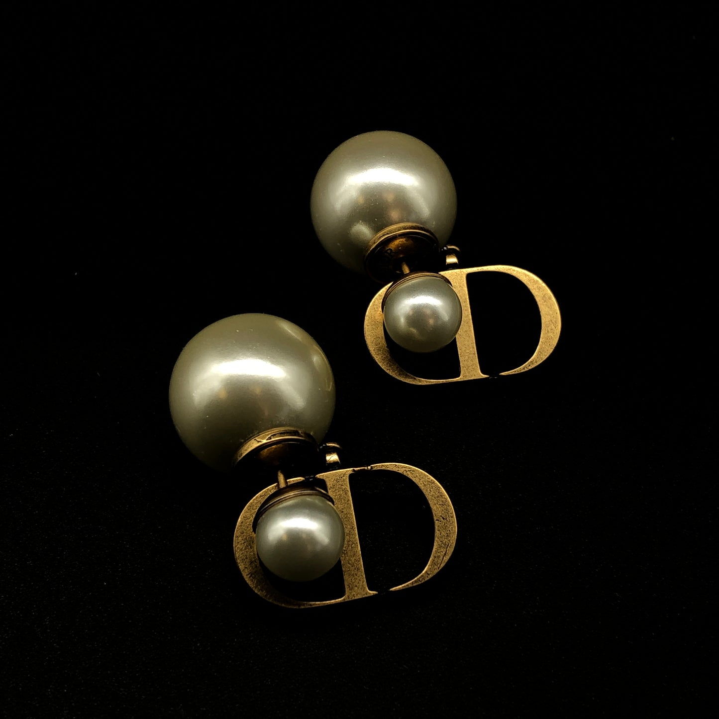 Christian Dior Gold-Tone Pearl CD Drop Earrings