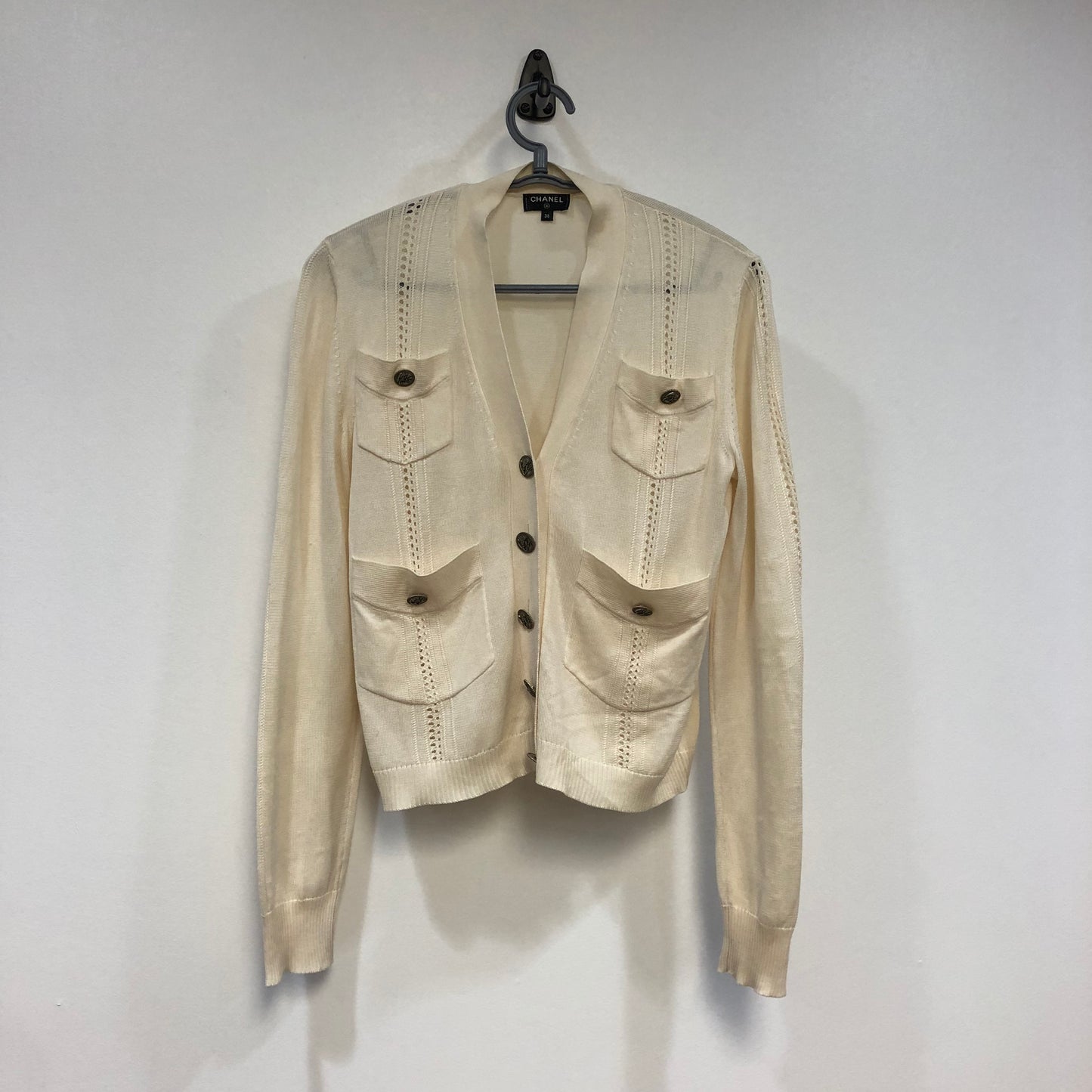 Chanel Knit Button Cardigan Jacket Size 36 Cream