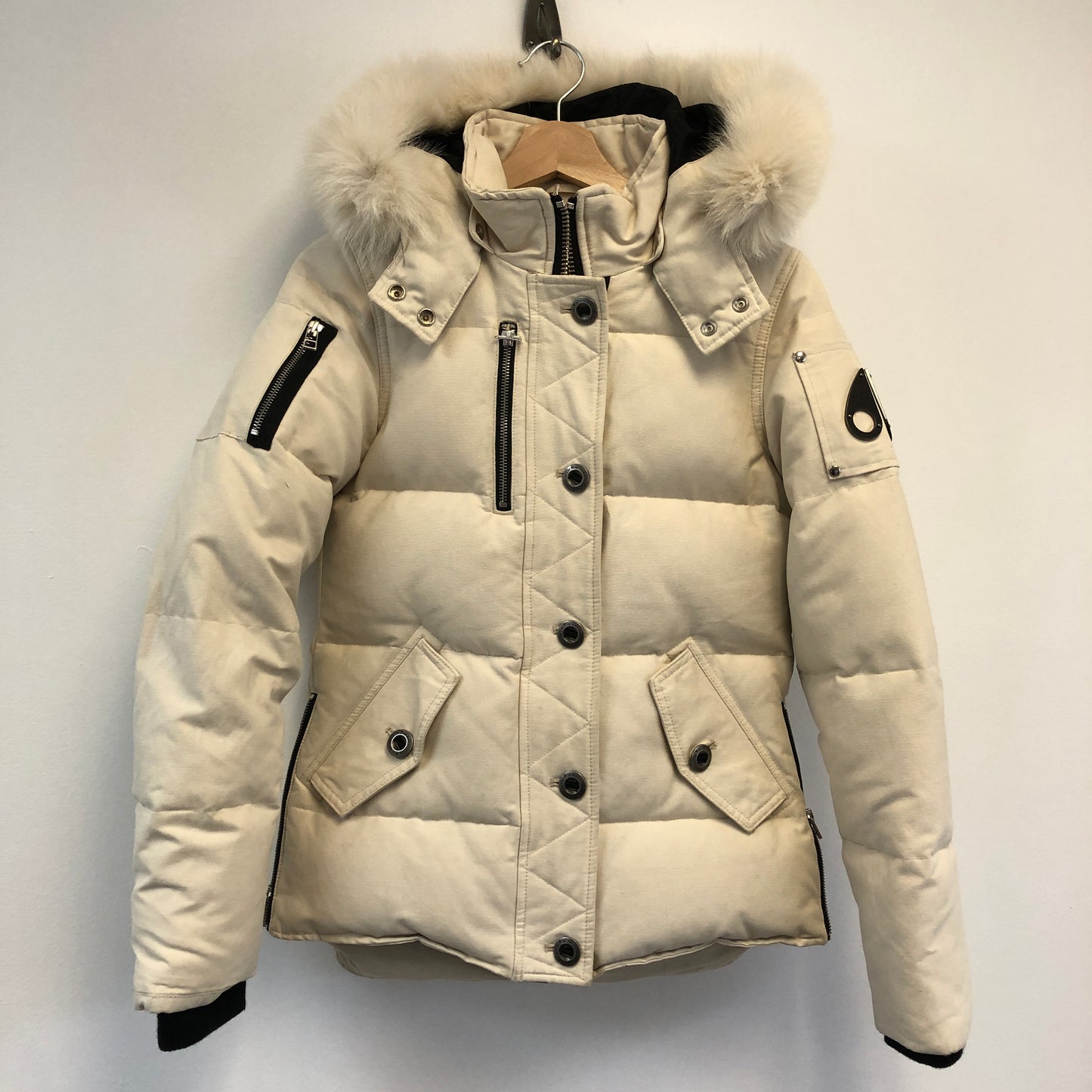 Moose Knuckles Cream Down Puffer Jacket with Fur Hood Size XS