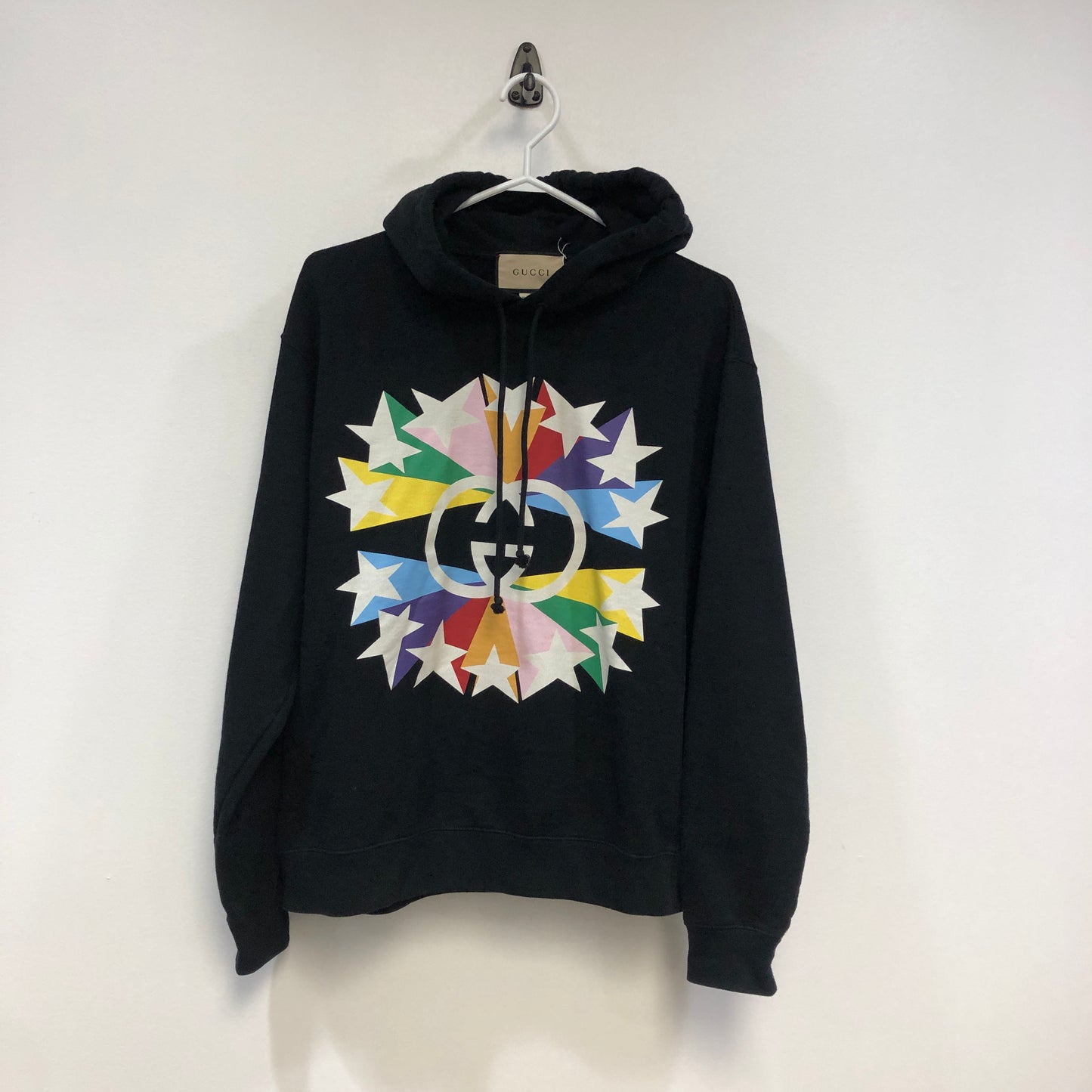 Gucci Interlocking G Rainbow Star Print Hooded Sweatshirt Size S Black