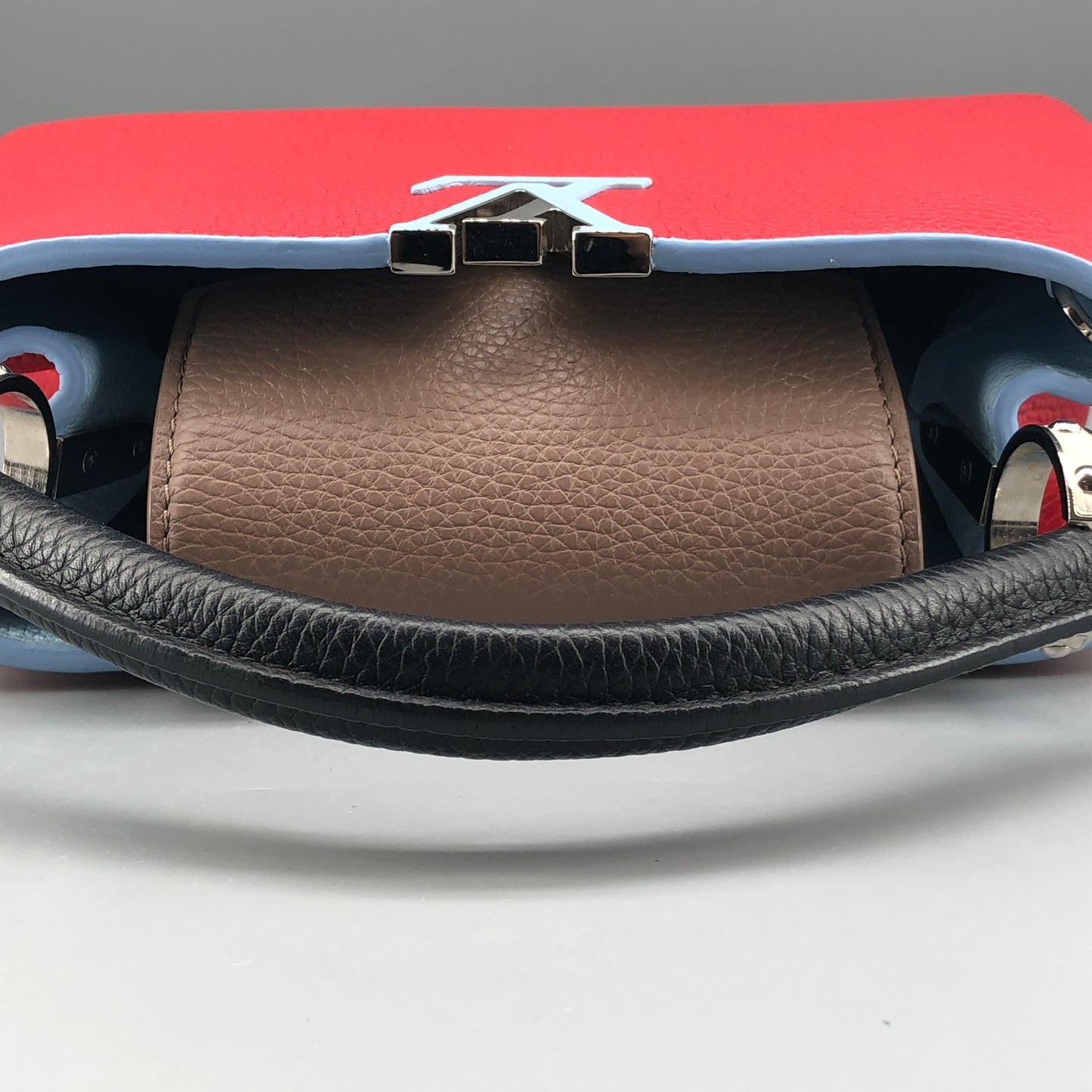 Louis Vuitton Capucines PM Taurillon Leather Handbag Red Light Blue Two-Tone