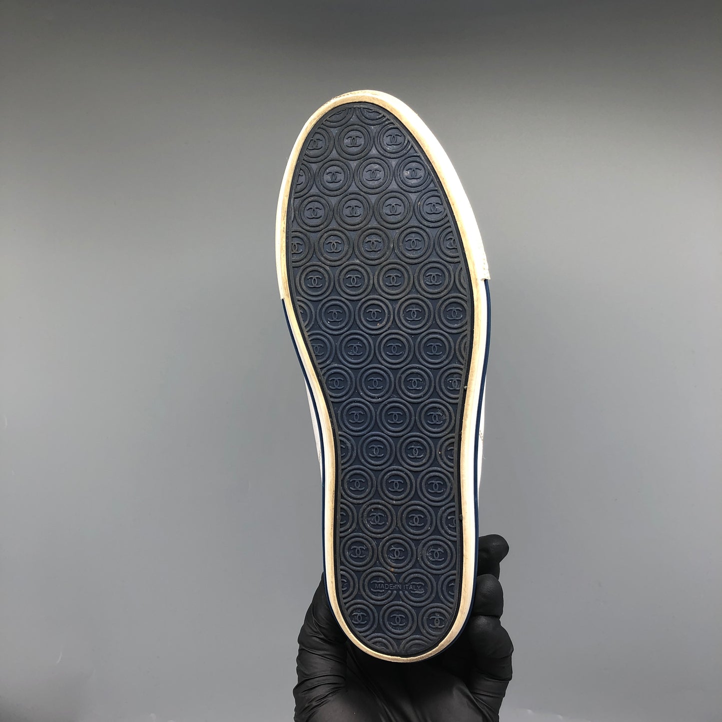 Chanel Women's White & Dark Blue Cap-Toe Sneakers shoes 36.5