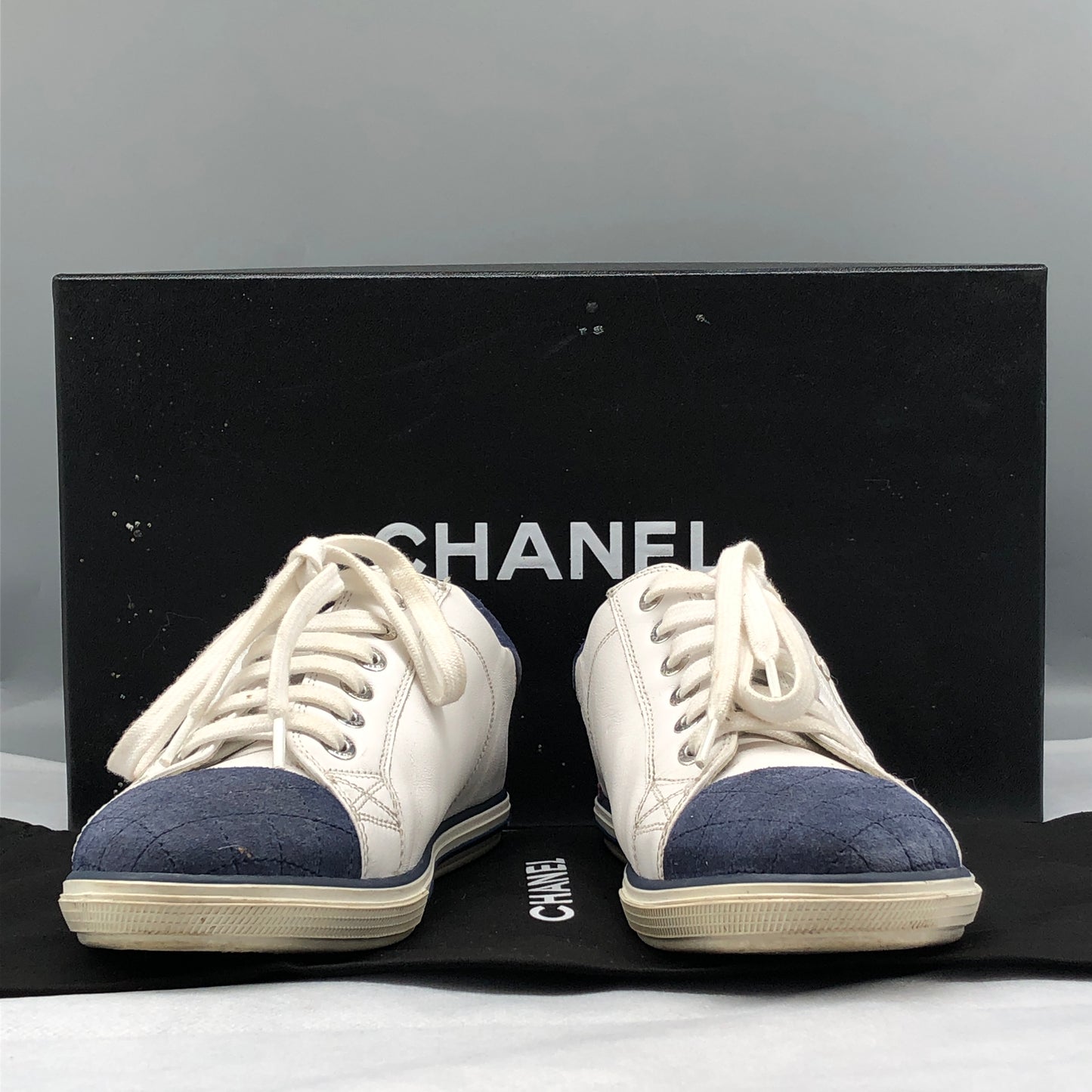 Chanel Women's White & Dark Blue Cap-Toe Sneakers shoes 36.5