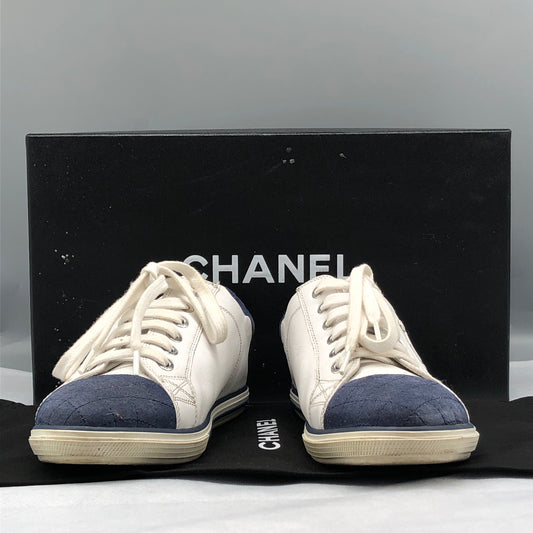 Chanel Women's White & Dark Blue Cap-Toe Sneakers shoes 36.5