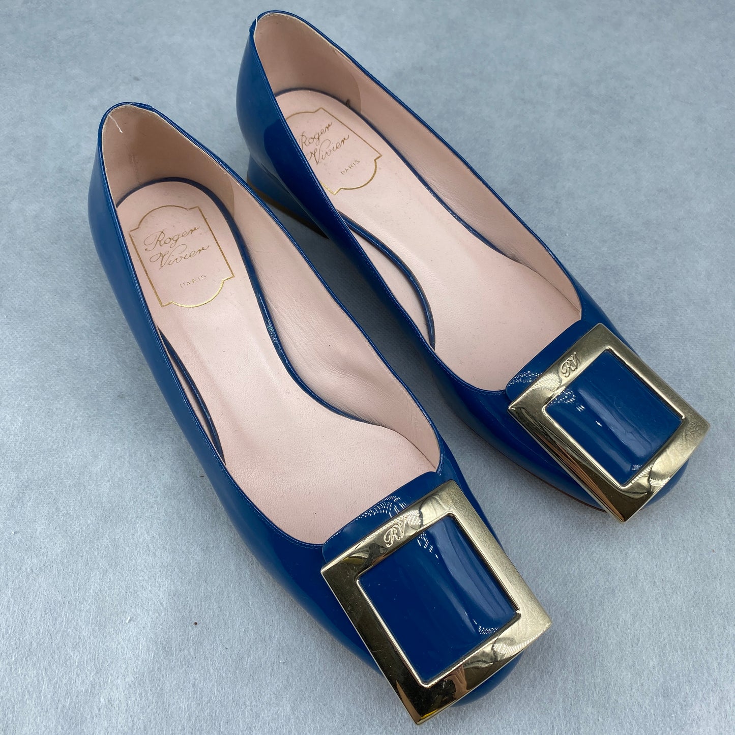 Roger Vivier Metal Buckle Patent Low Heel Shoes Size 40 Royal Blue