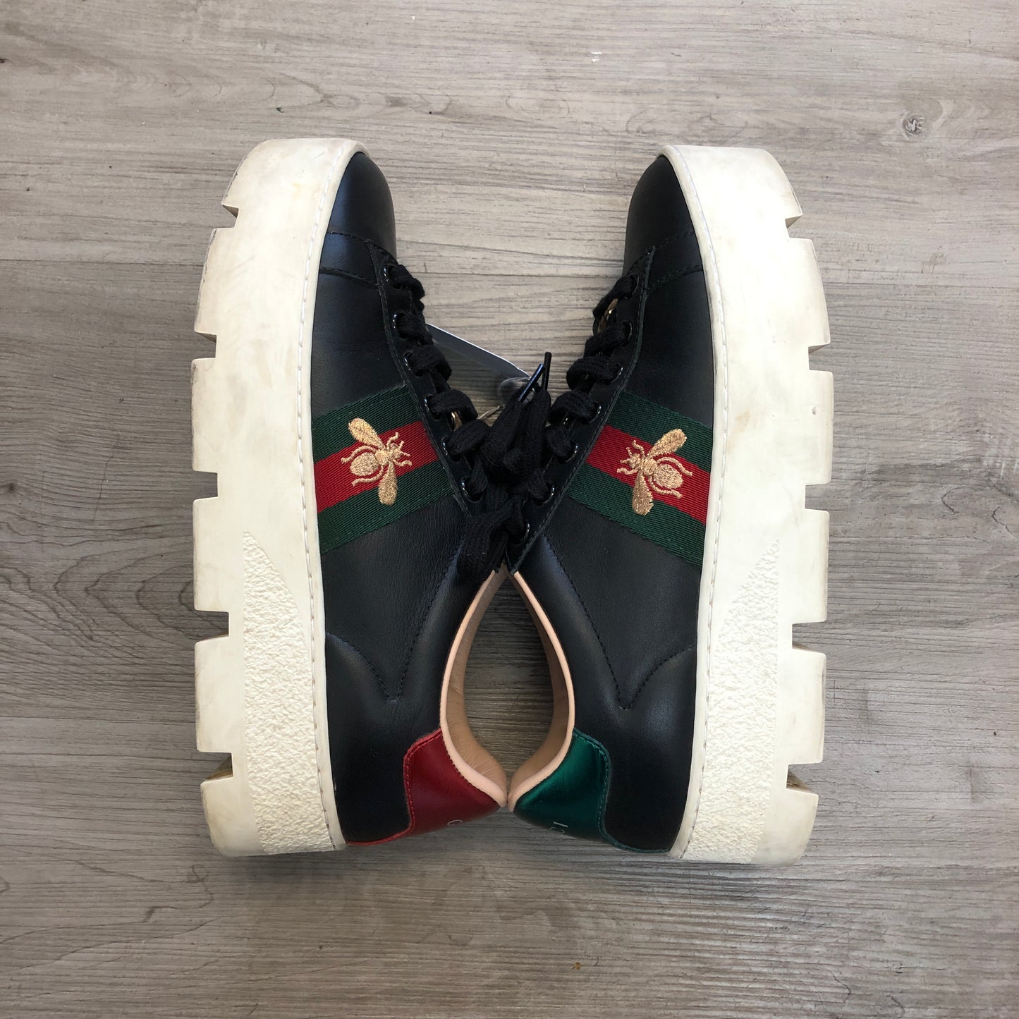 Gucci Ace Bee Embroidered Leather Sneaker Shoes 35 Black