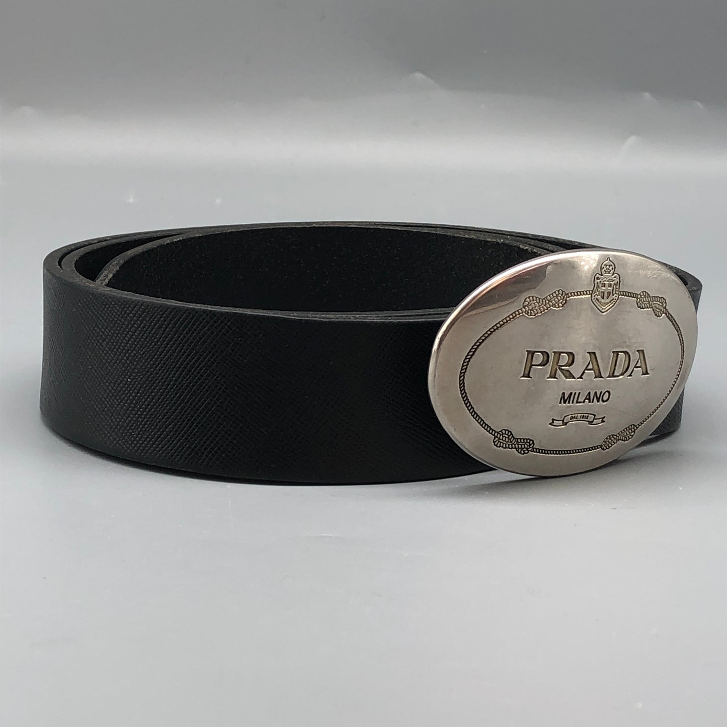 Prada Black Leather Oval Logo Buckle Belt 90cm