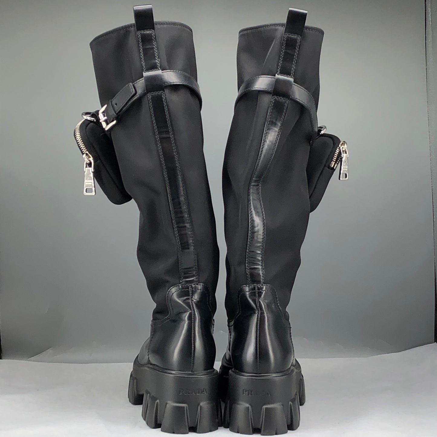 Prada Women‘s Re-Nylon Knee-High Lug Sole Boots Size 37 Black