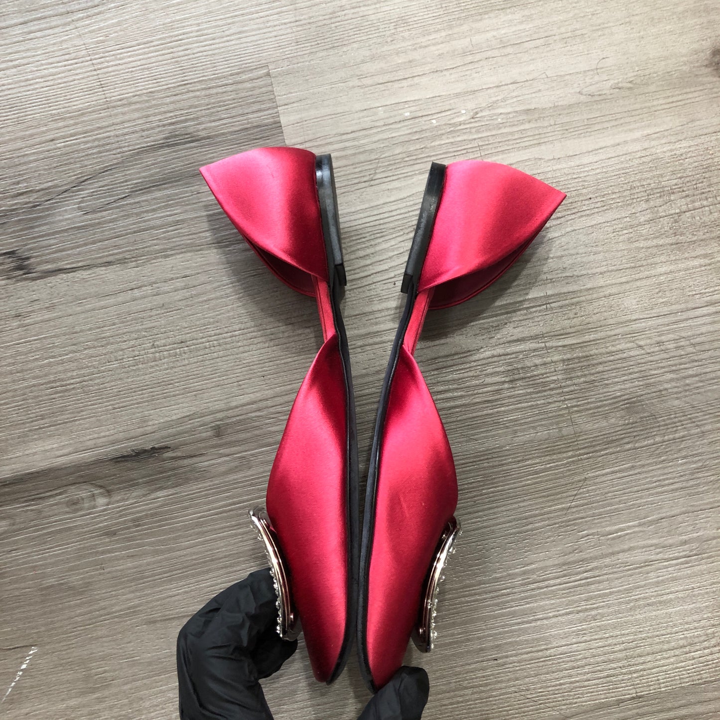 Roger Vivier Women's Red Satin Crystal Buckle Flats Size 36