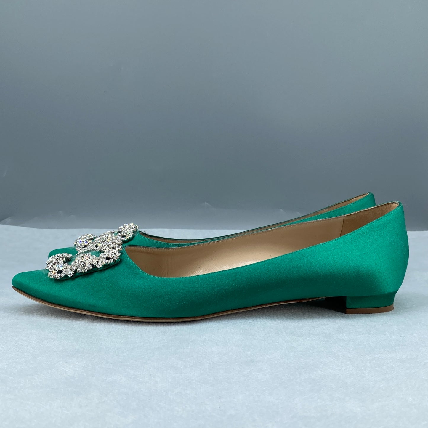Manolo Blahnik Women's Green Satin Crystal Flat Shoes Size 41