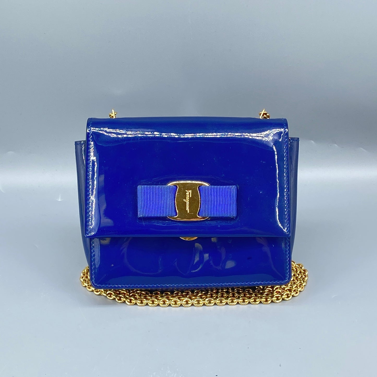 Salvatore Ferragamo Vara Bow Patent Leather Shoulder Bag Royal Blue