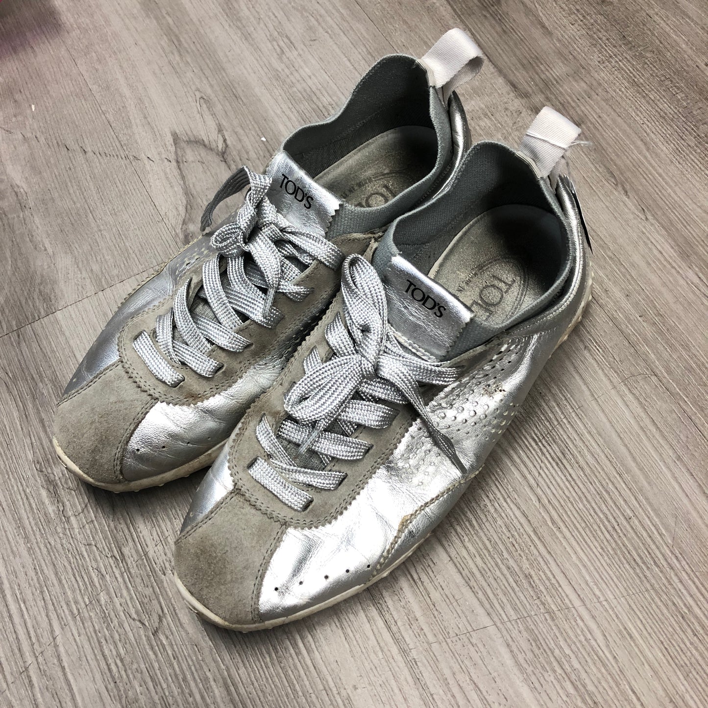 Tod's Women's Silver Leather & Suede Sneakers Size 37.5