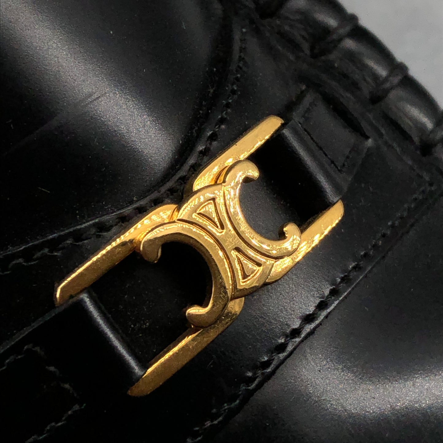 Celine Women’s Black Leather Triomphe Metal Loafer Shoes