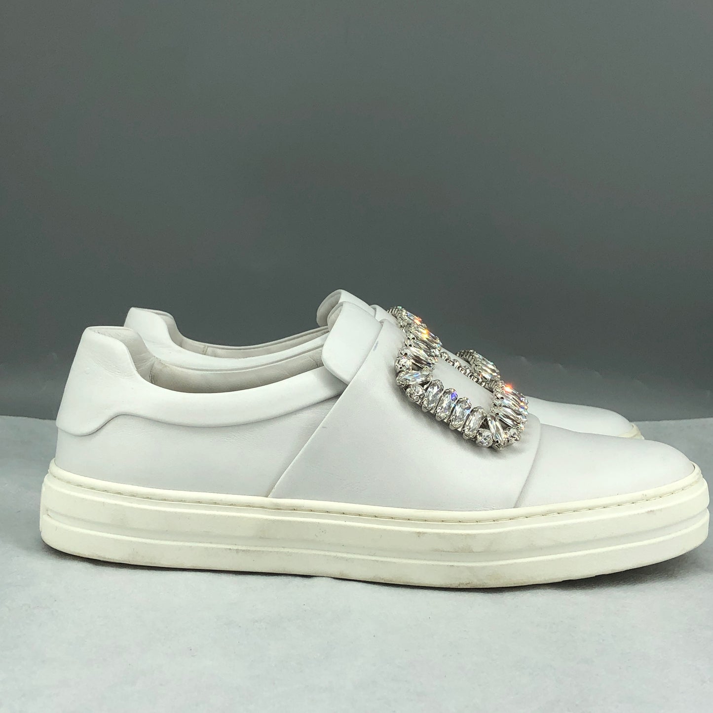 Roger Vivier White Calfskin Crystal Square Buckle Platform Slip-On Sneakers 37