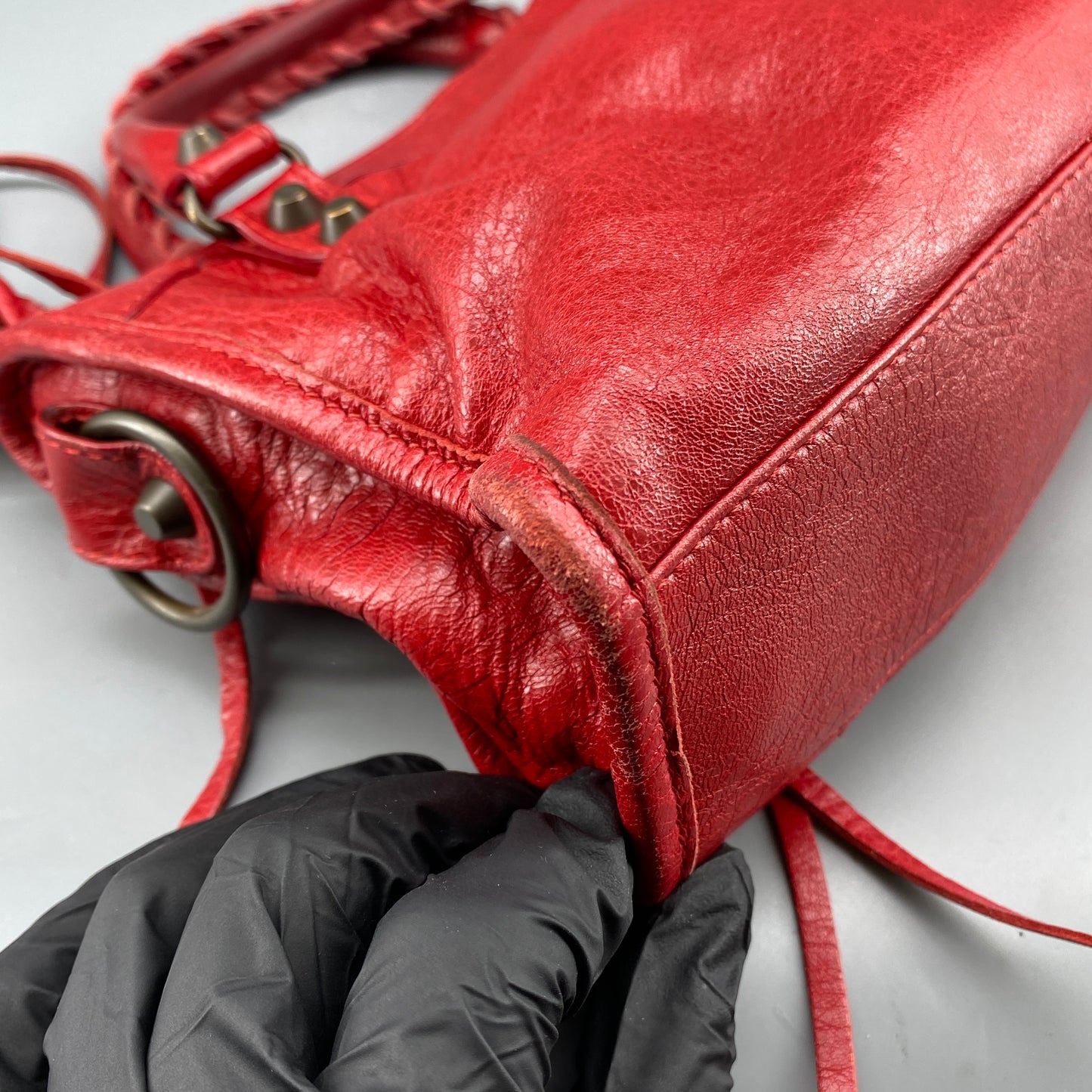Balenciaga Red Lambskin Mini City Handbag
