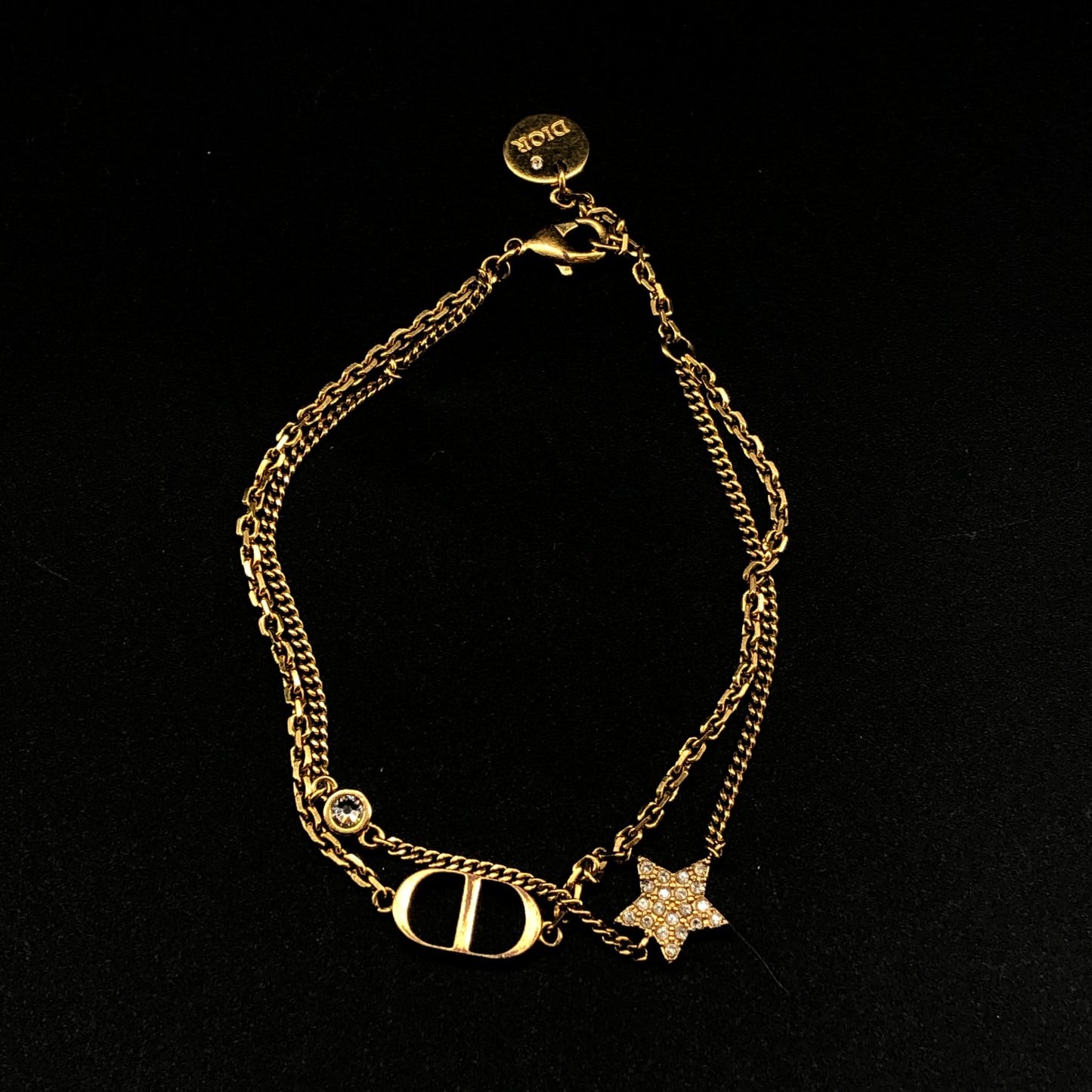 Christian Dior Double Chian Gold-Tone Crystal CD & Star Charm Bracelet