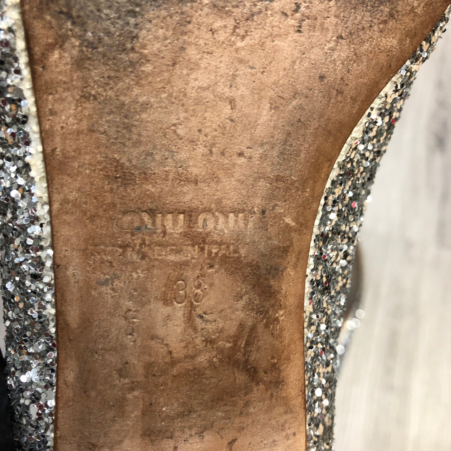 Miu Miu Women's Glitter Mary Jane Ballerina Shoes Size 38 Silver