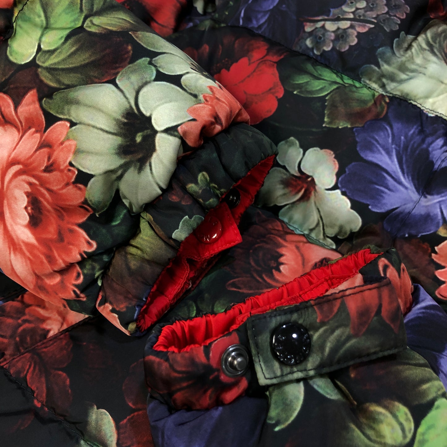 Moncler Floral Print Red Trim Hooded Down Jacket Size 1