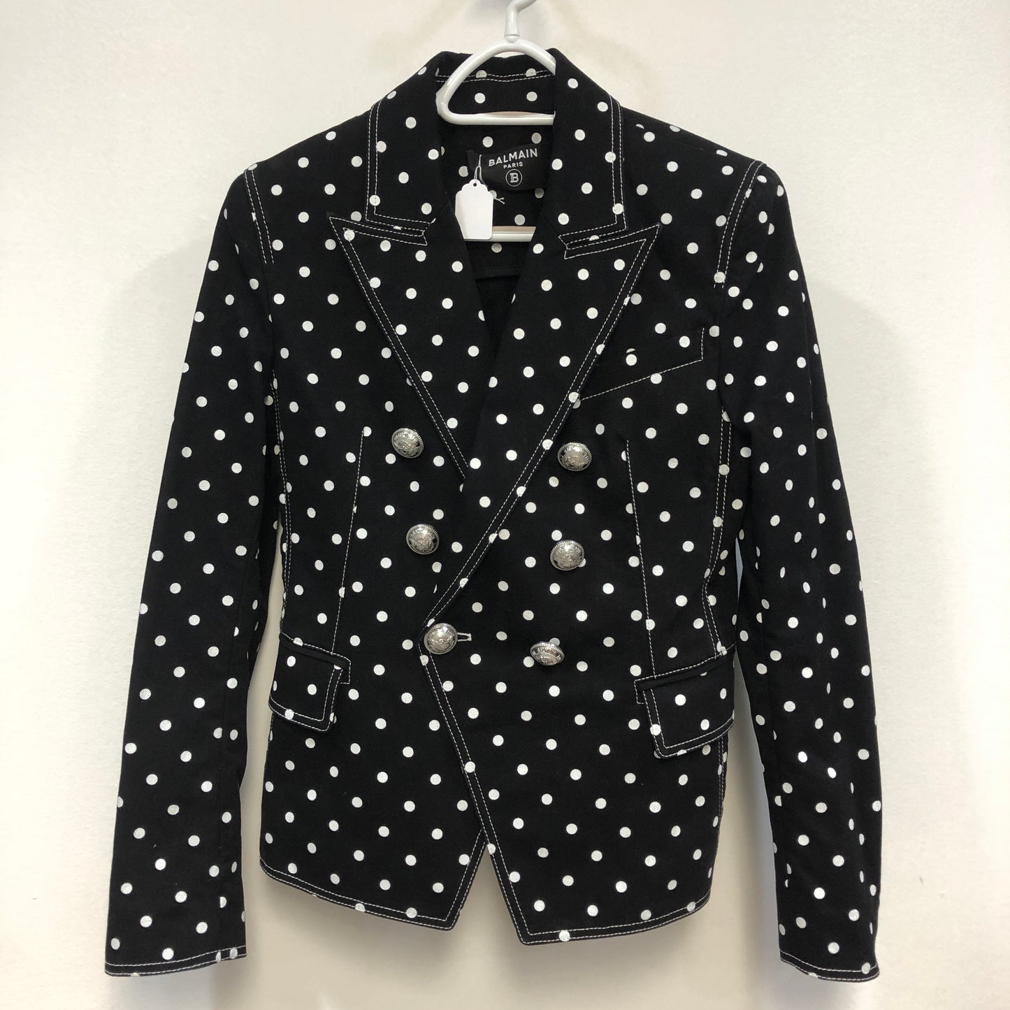 Balmain Polka Dot Double Breasted Blazer Jacket Size 40 Black White Two-Tone