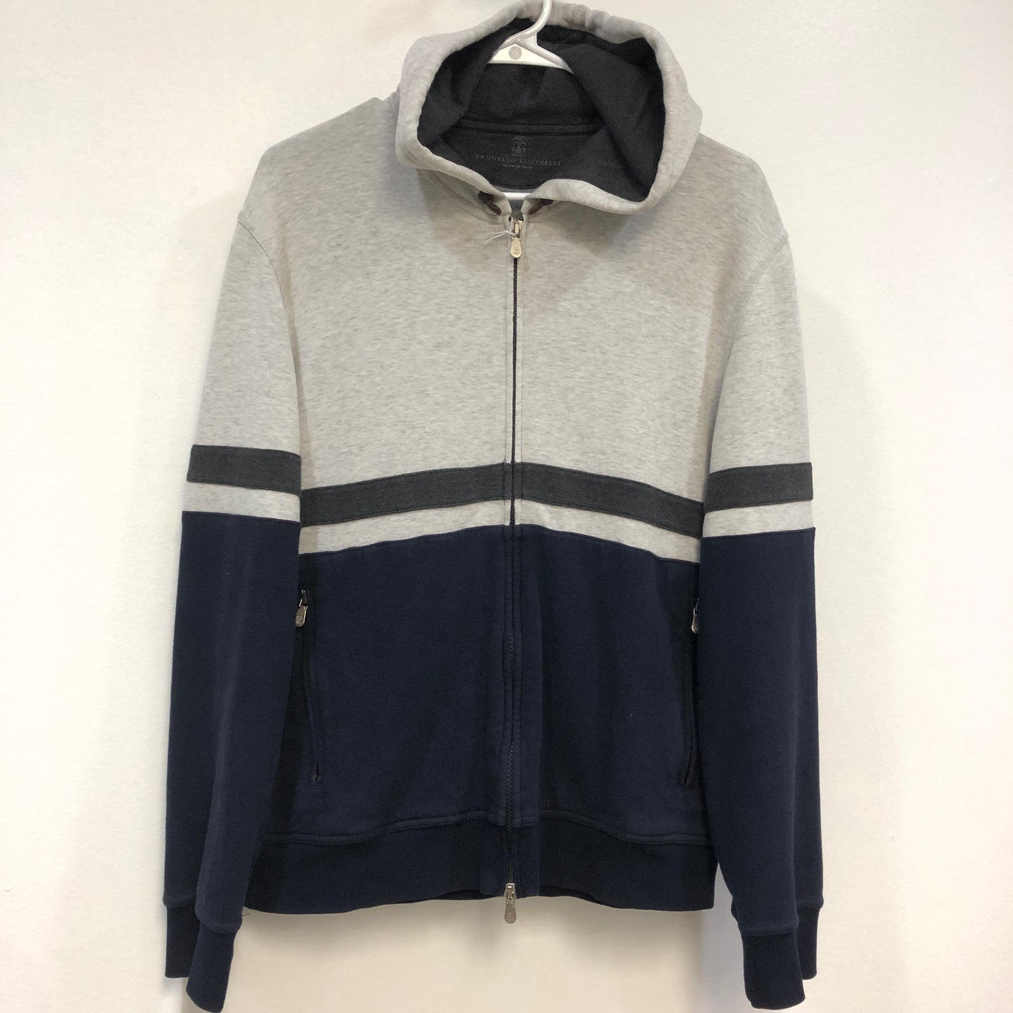 Brunello Cucinelli Grey & Navy Color-Block Zip-Up Hoodie Size S